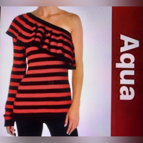 Aqua Black & Red Striped Off One Shoulder Sweater - Picture 1 of 2